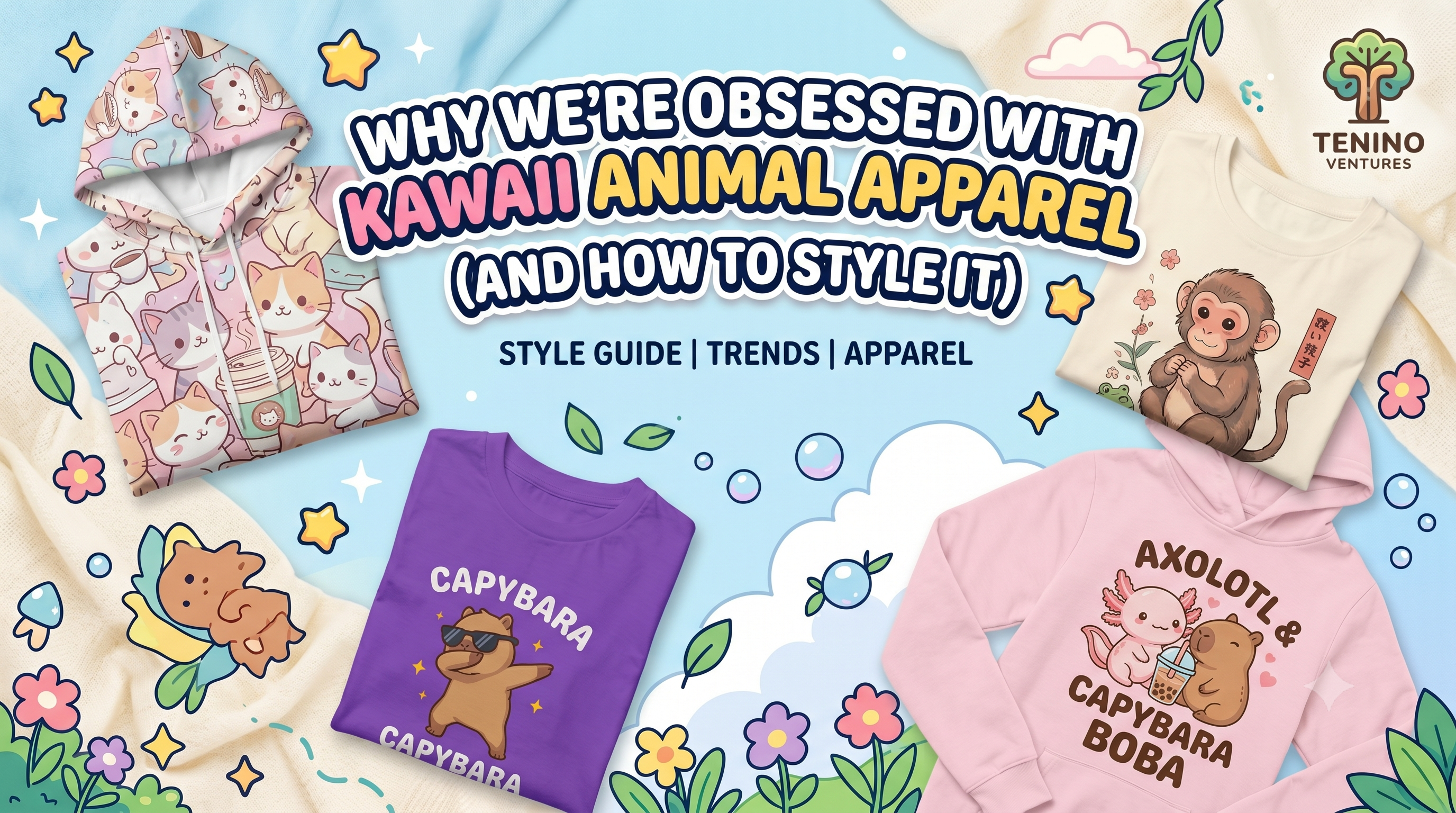 Flat lay arrangement of pastel kawaii animal hoodies, including a cat cafe all-over-print sweatshirt and a kids capybara shirt.