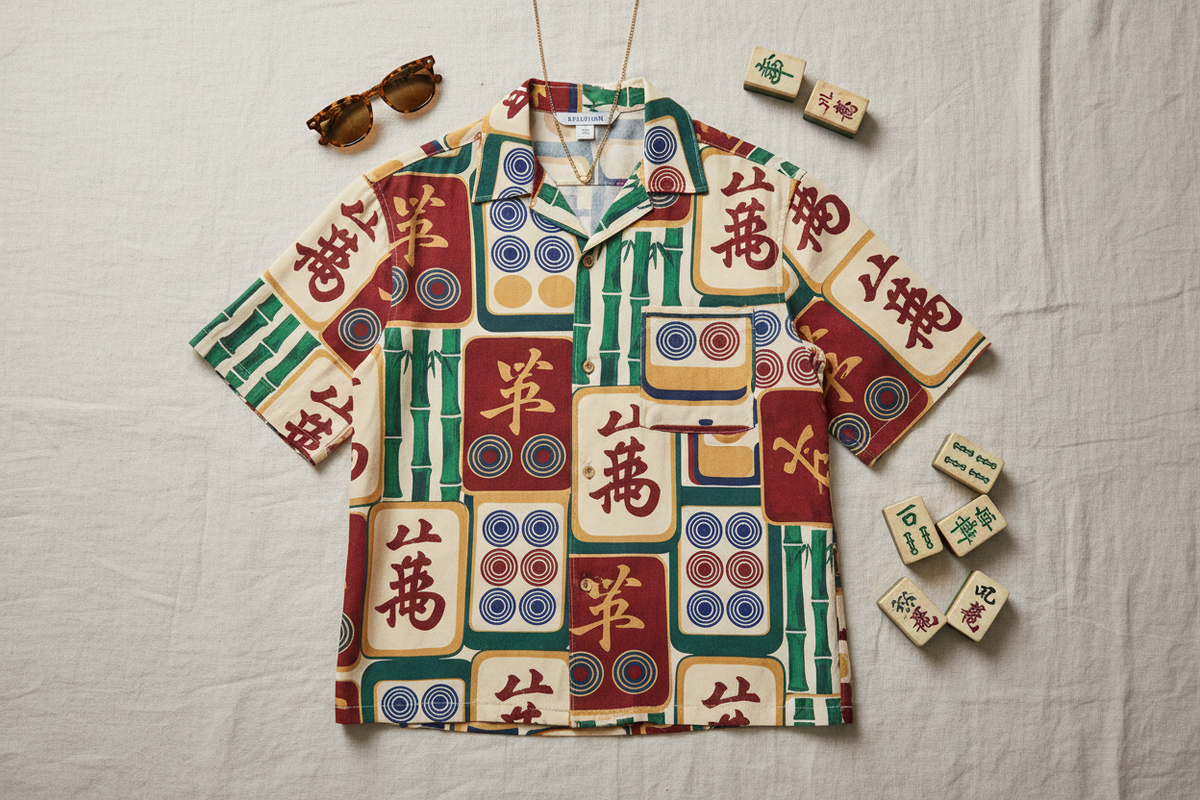 Mahjong Shirt Ideas in a cream camp-collar button-up with colorful mahjong tile print and short sleeves.
