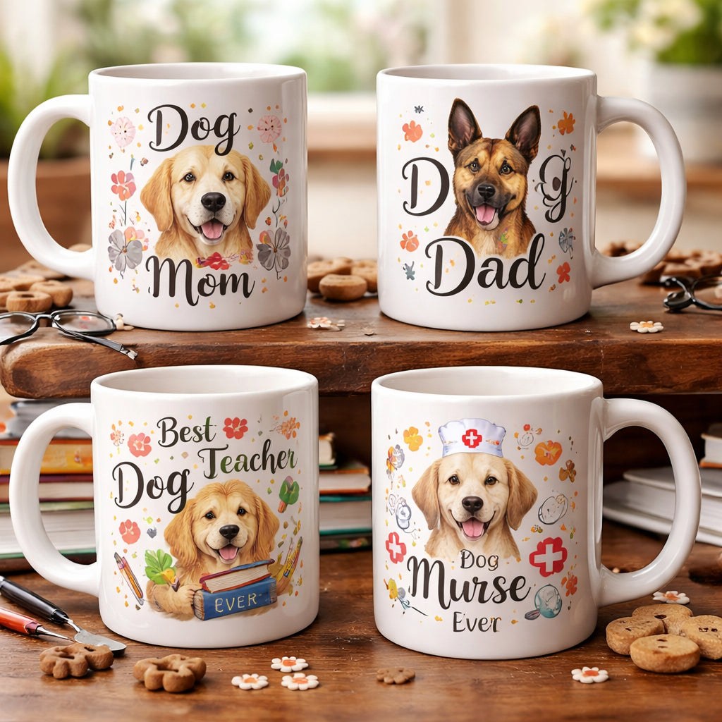 Realistic dog-themed pet lover mug gift print on demand designs for moms, dads, teachers, and nurses