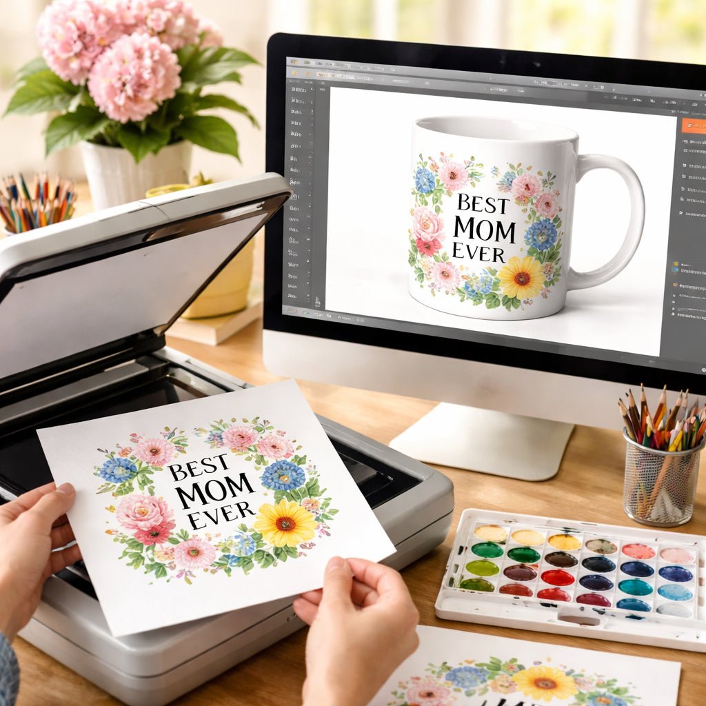 Photorealistic computer screen showing watercolor design scanned and placed onto a mug mock-up for watercolor mug print on demand workflow