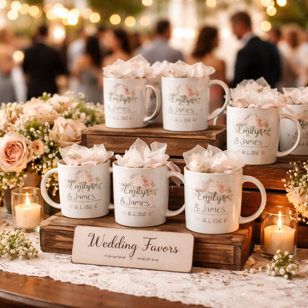 A photorealistic scene of a wedding reception table featuring elegantly displayed customizable wedding favor mugs, with guests mingling in the background. Alt: Photorealistic wedding favor mugs display at reception.