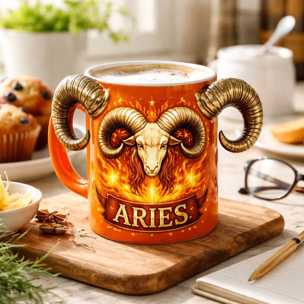 Bright orange Aries zodiac sign mug with ram horns on kitchen counter, print on demand design