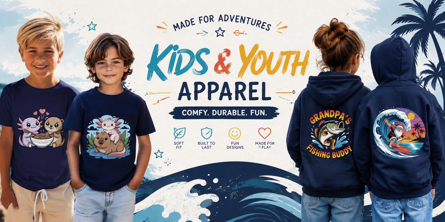 Colorful kids and youth graphic tees featuring birthday and milestone designs on soft cotton fabrics