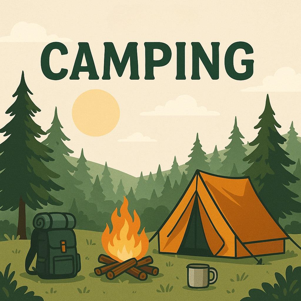 Green backpack, orange tent, and a campfire with a coffee mug in a forest setting.