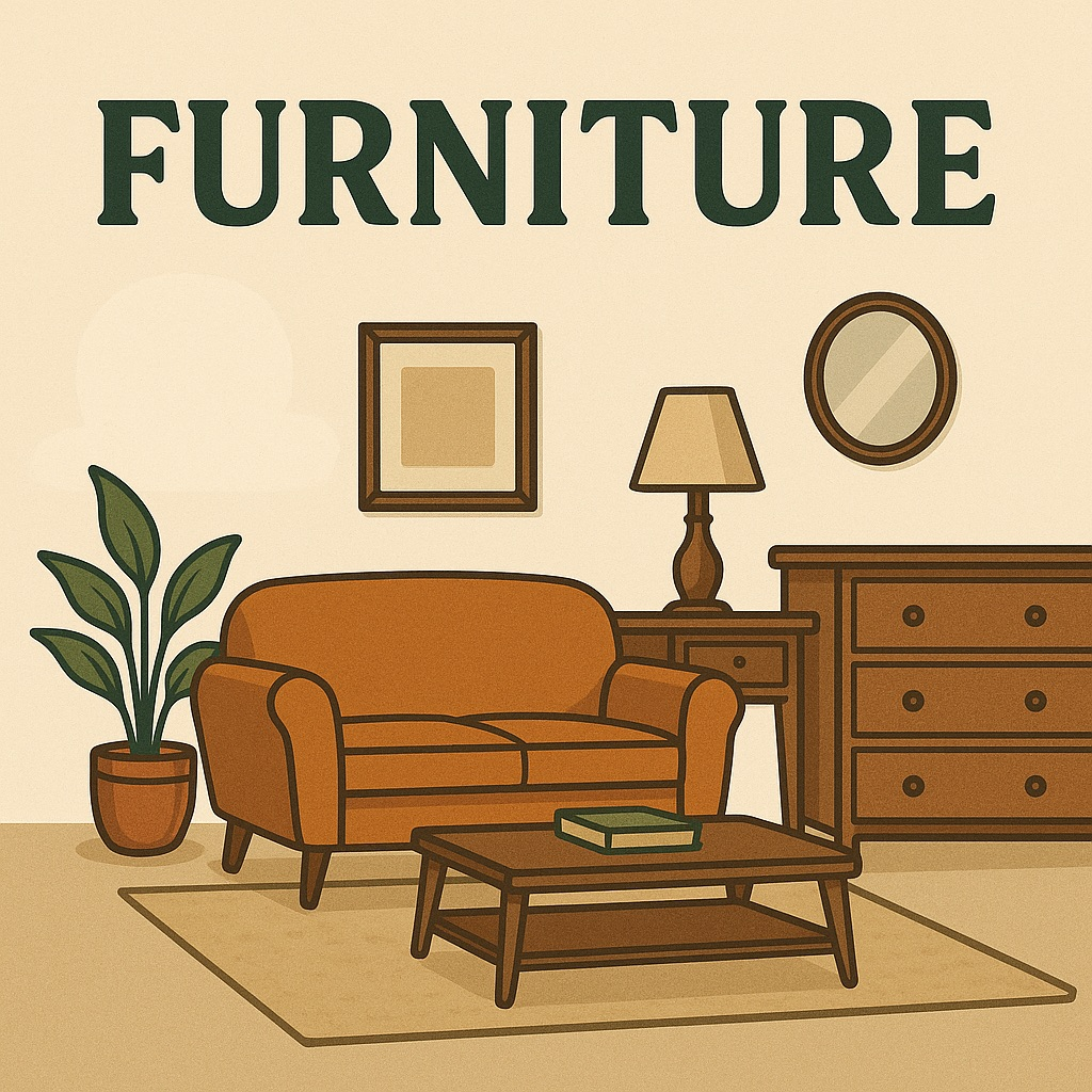 Brown fabric sofa with wooden coffee table, lamp, and potted plant in cozy living room setting