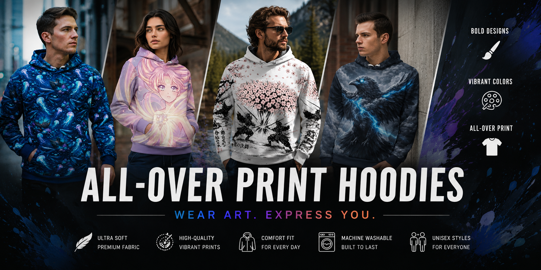 Galaxy-themed all-over print hoodie with vibrant edge-to-edge graphics on sleeves and hood
