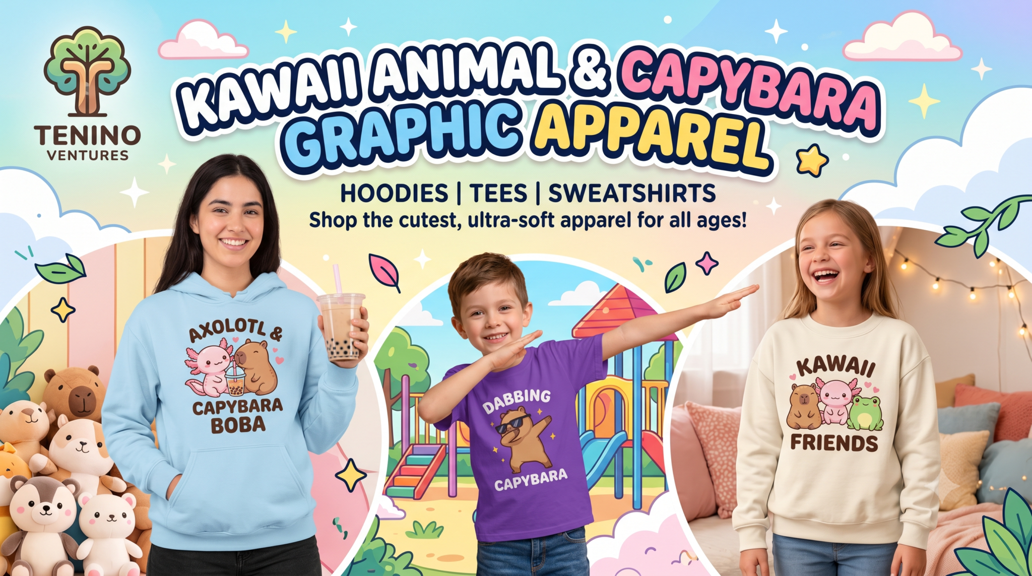 Kids axolotl capybara hoodie pullover with kawaii animal graphics and vibrant colors