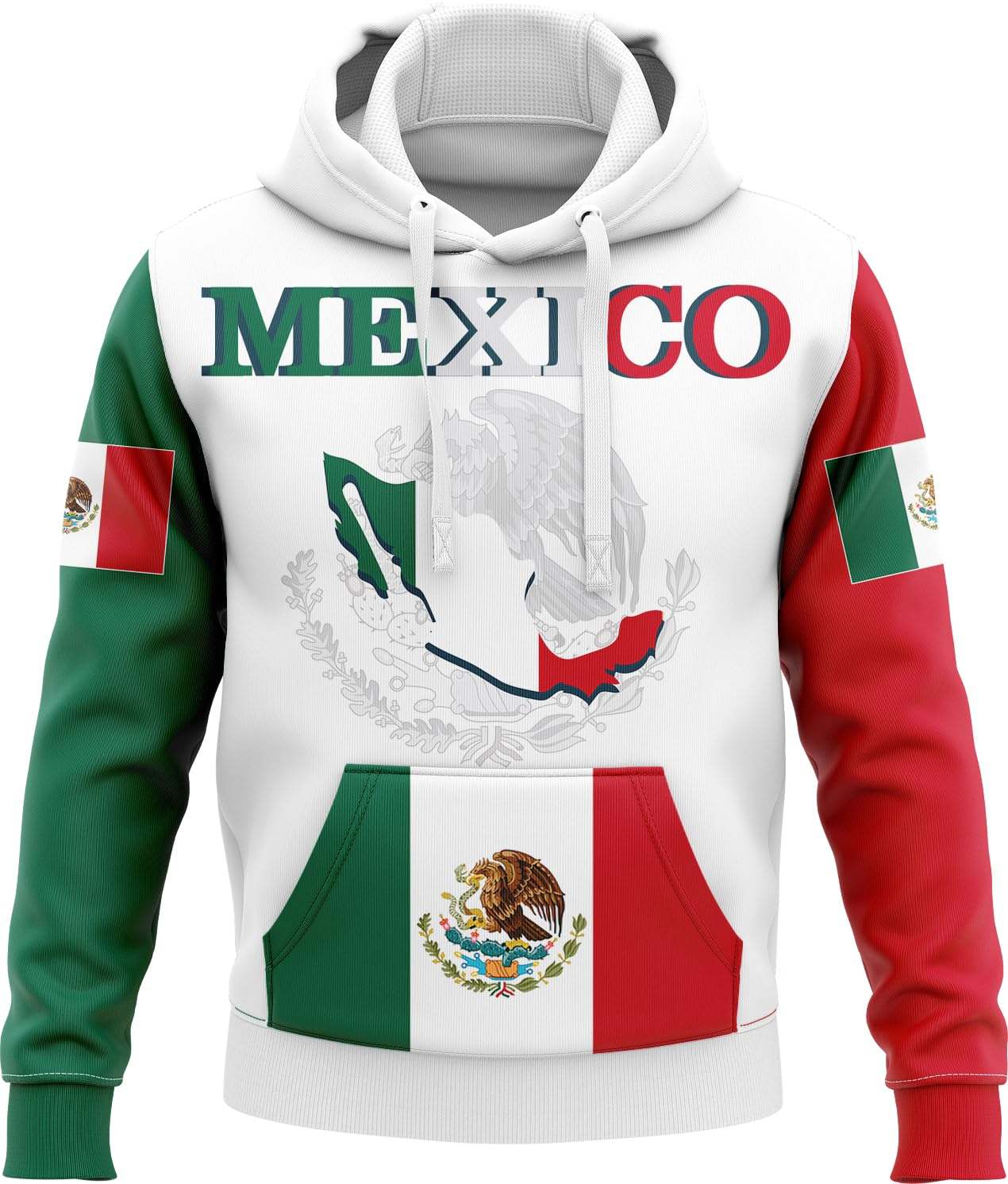 Tricolor Mexico flag hoodie with Mexican emblem and adjustable drawstring hood in polyester fabric