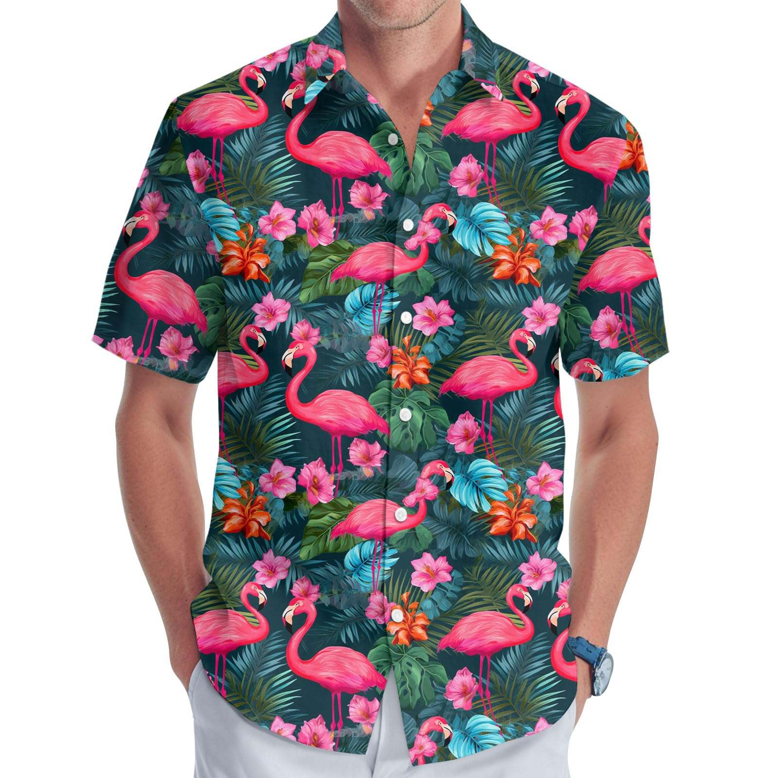 Mens Flamingo tropical shirt with breathable fabric and all-over flamingo print, casual short sleeve design