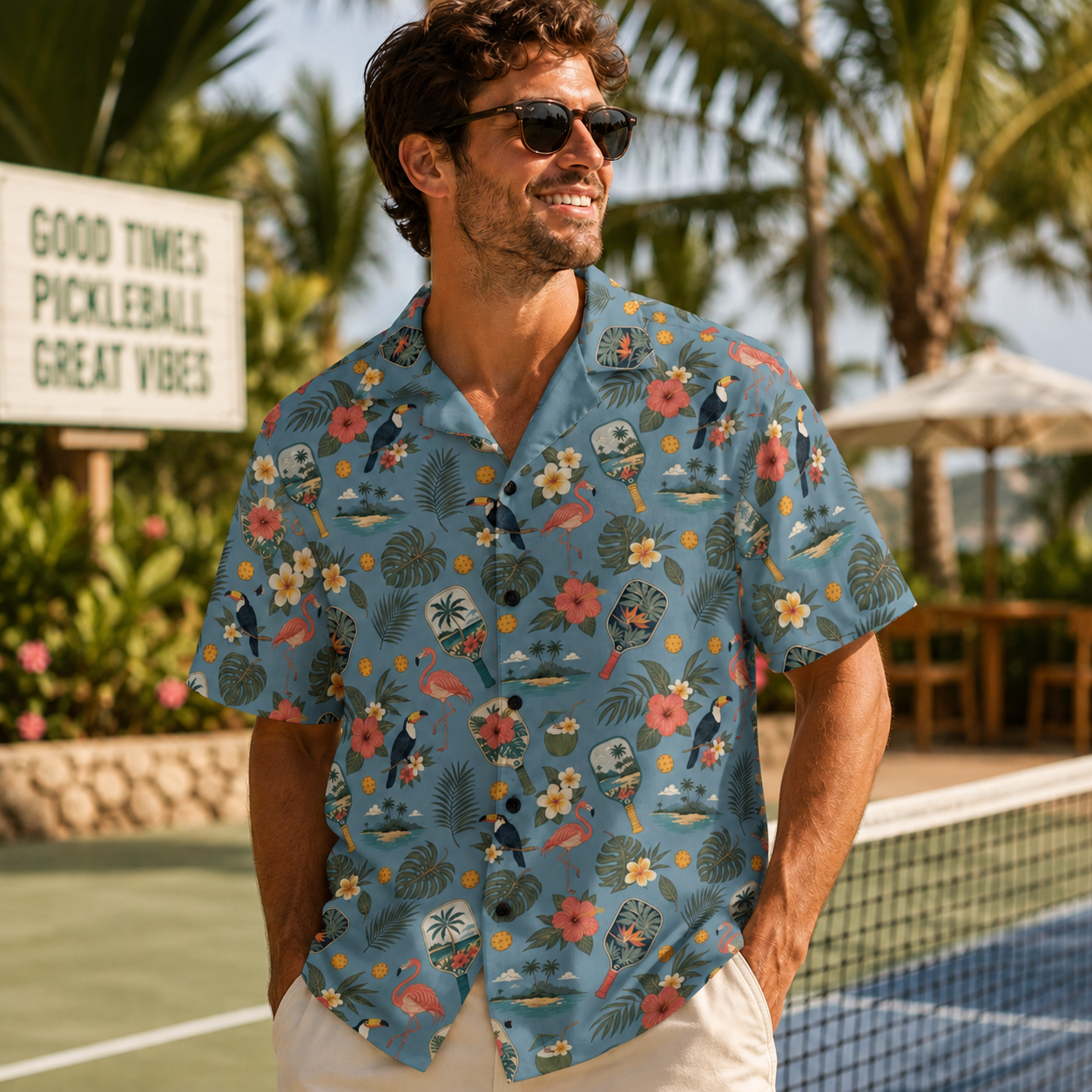 Dusty-blue Pickleball Hawaiian shirt with vintage paddles, flamingos, toucans, and tropical print, unisex UPF 50+ button-up