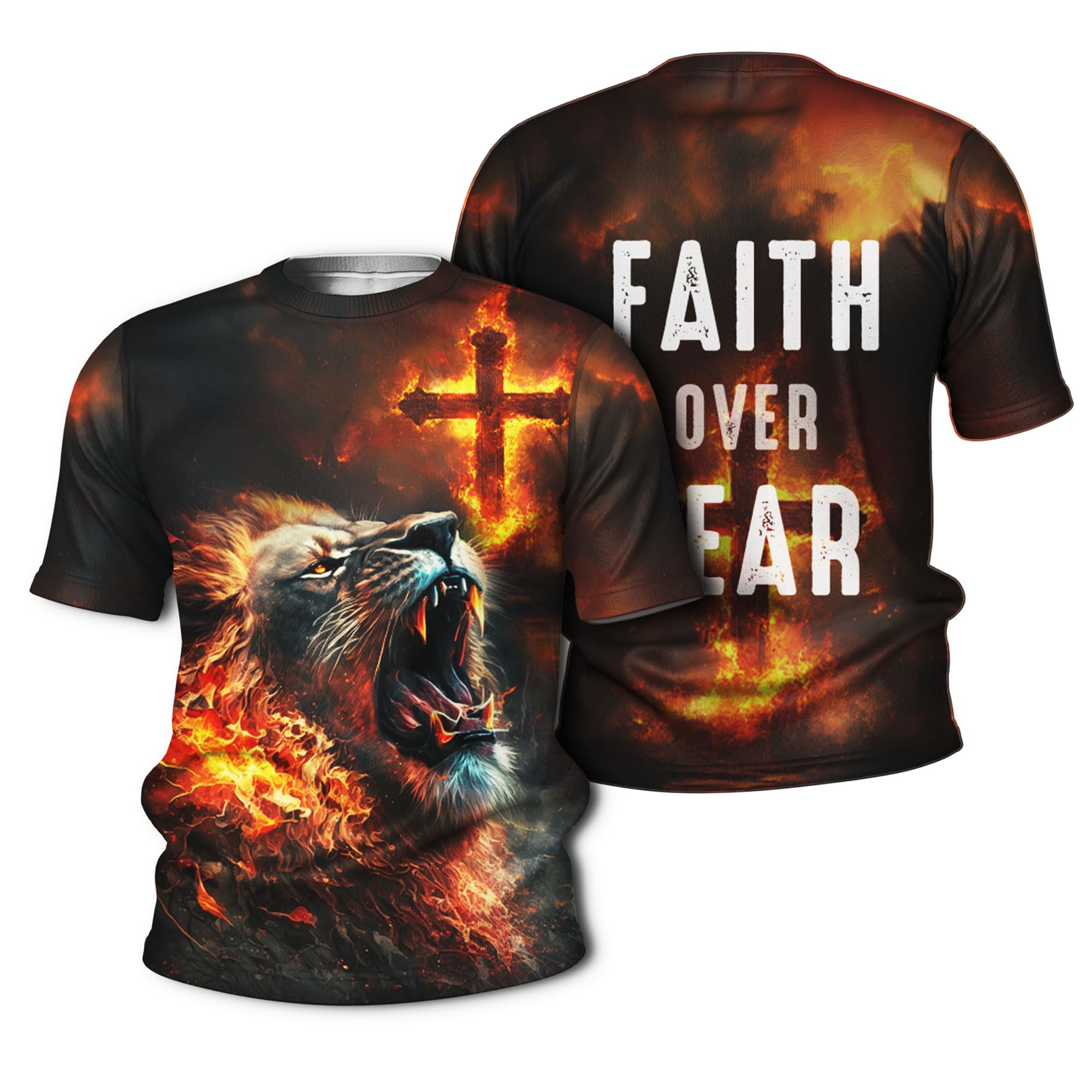 Lion of Judah Christian Shirt featuring vibrant lion and Jesus design on durable polyester fabric