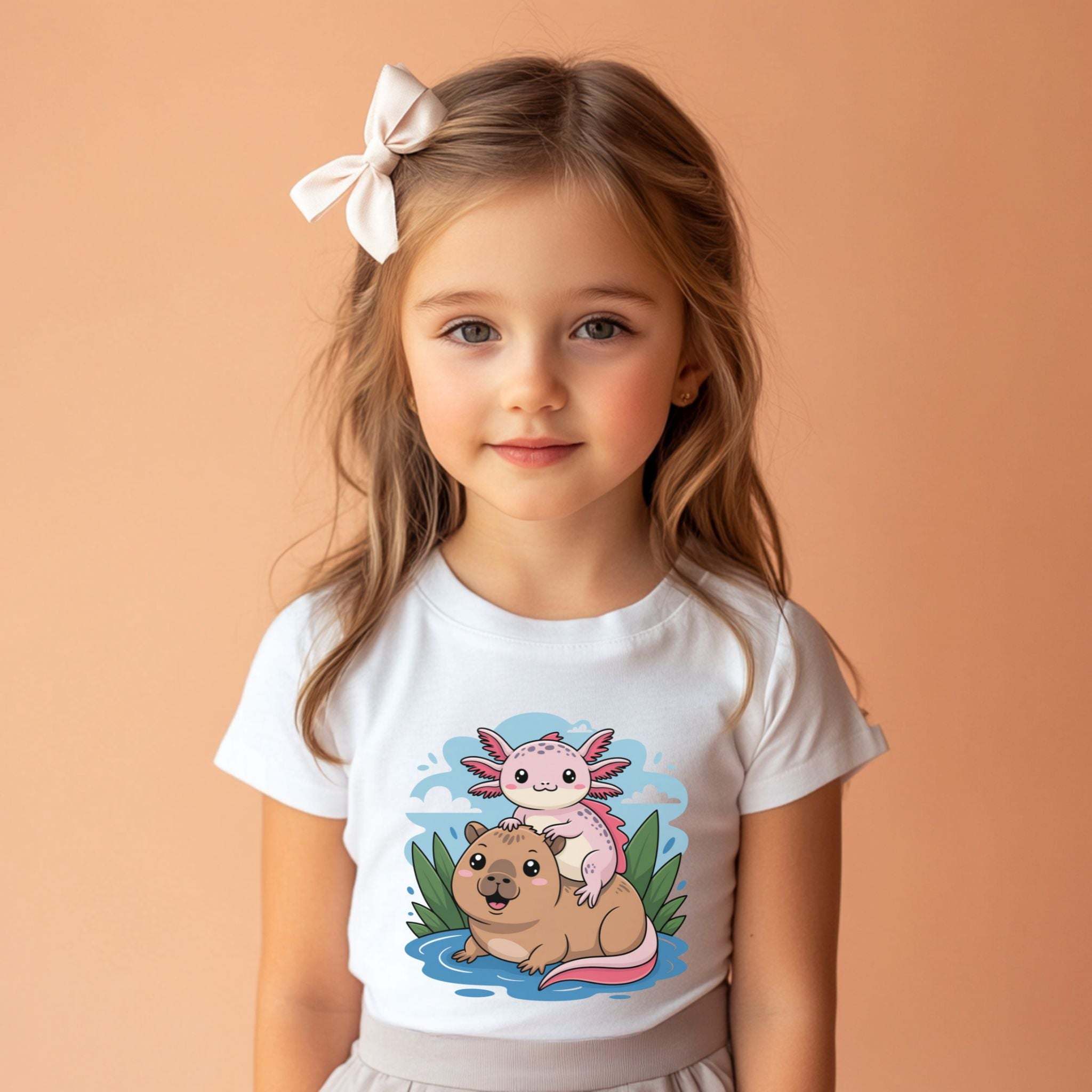 Navy youth tee featuring an axolotl on a capybara design, made from breathable cotton by Printify.