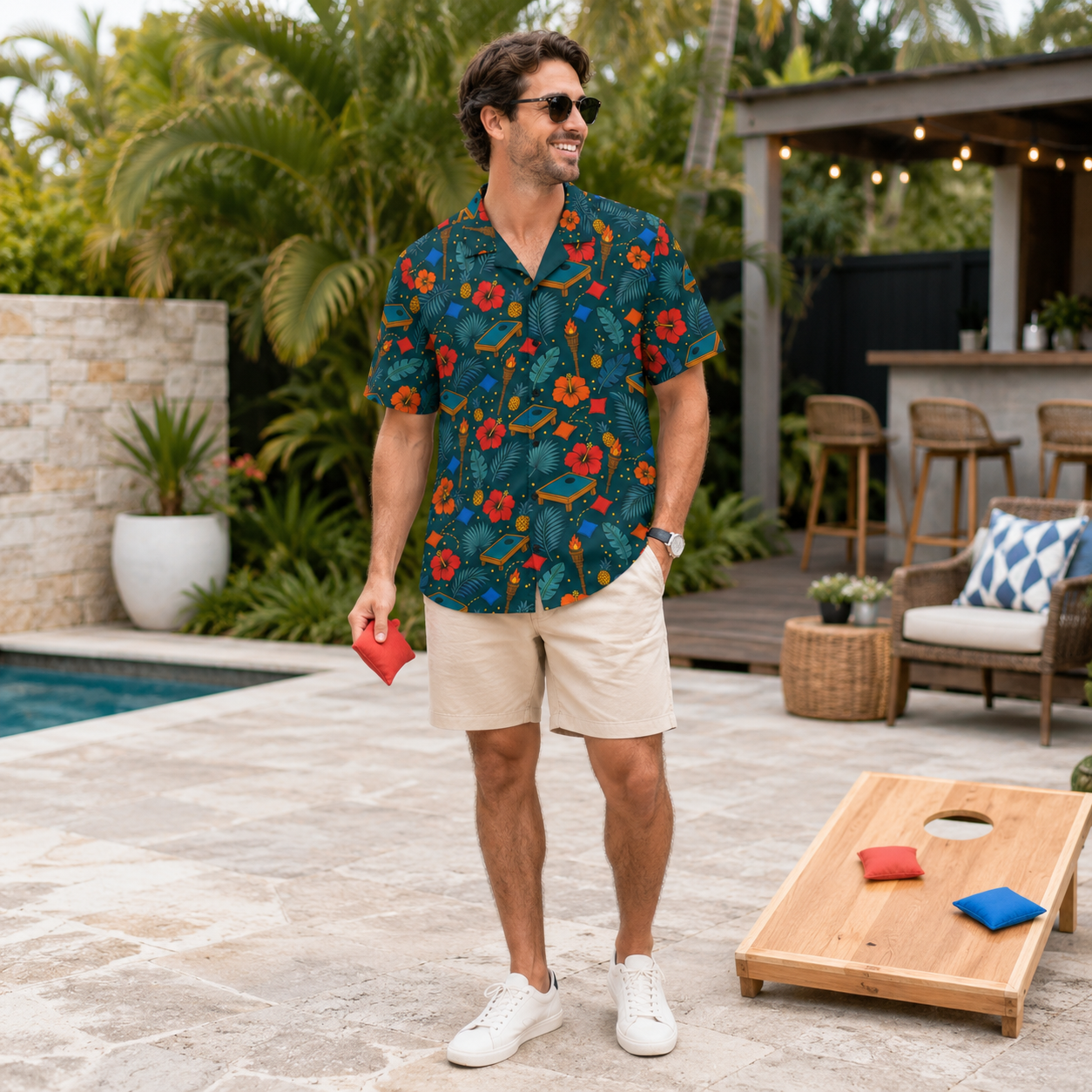Unisex cornhole Hawaiian shirt with tropical boards, bean bags, tiki torches, and hibiscus on teal background, UPF 50+ breathable fabric