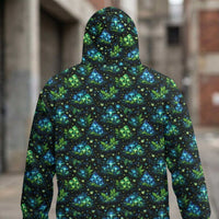 Bioluminescent Forest Hoodie featuring glowing mushrooms and fireflies on black background