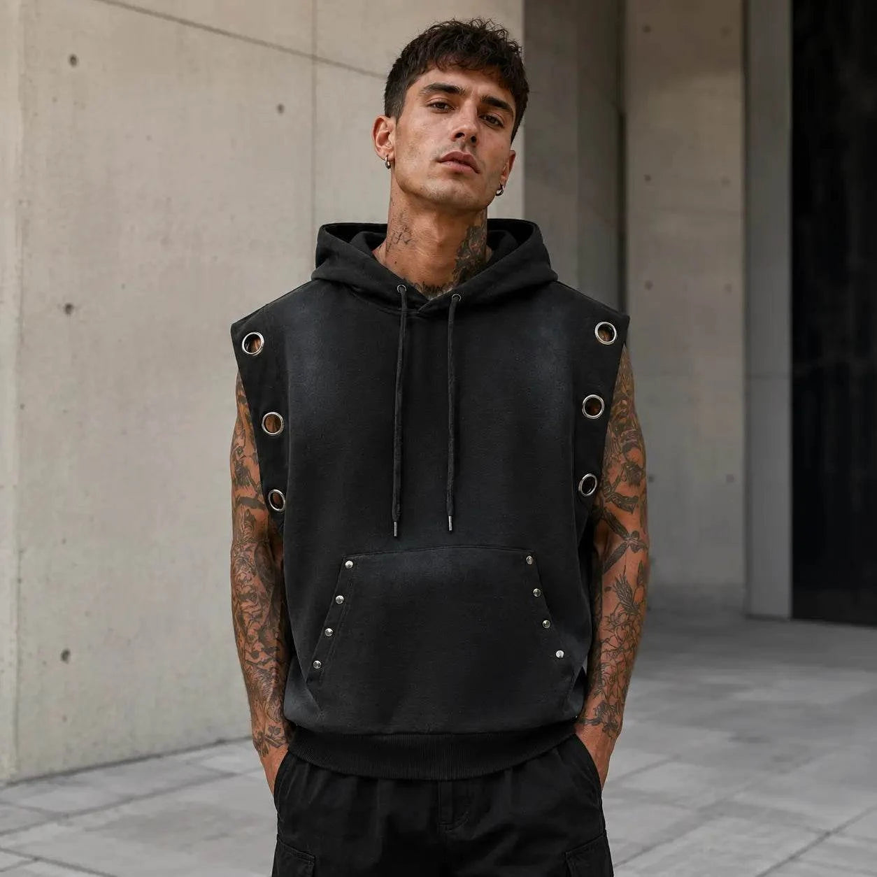 Unisex Vintage Wash Sun Fade Sleeveless Hoodie