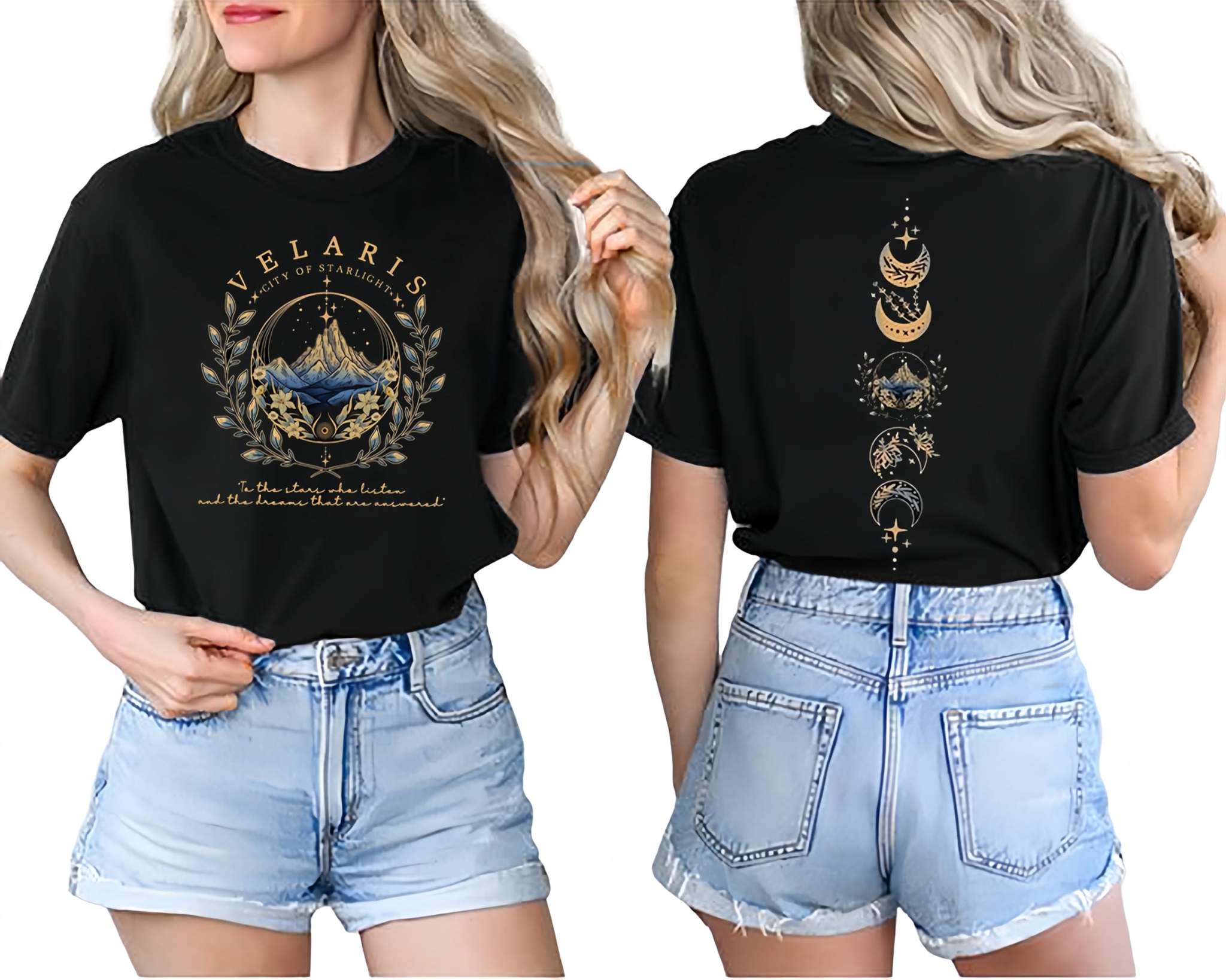 Women's vintage black Velaris Starlight Court Tee with Acotar Night Court graphic and moon print