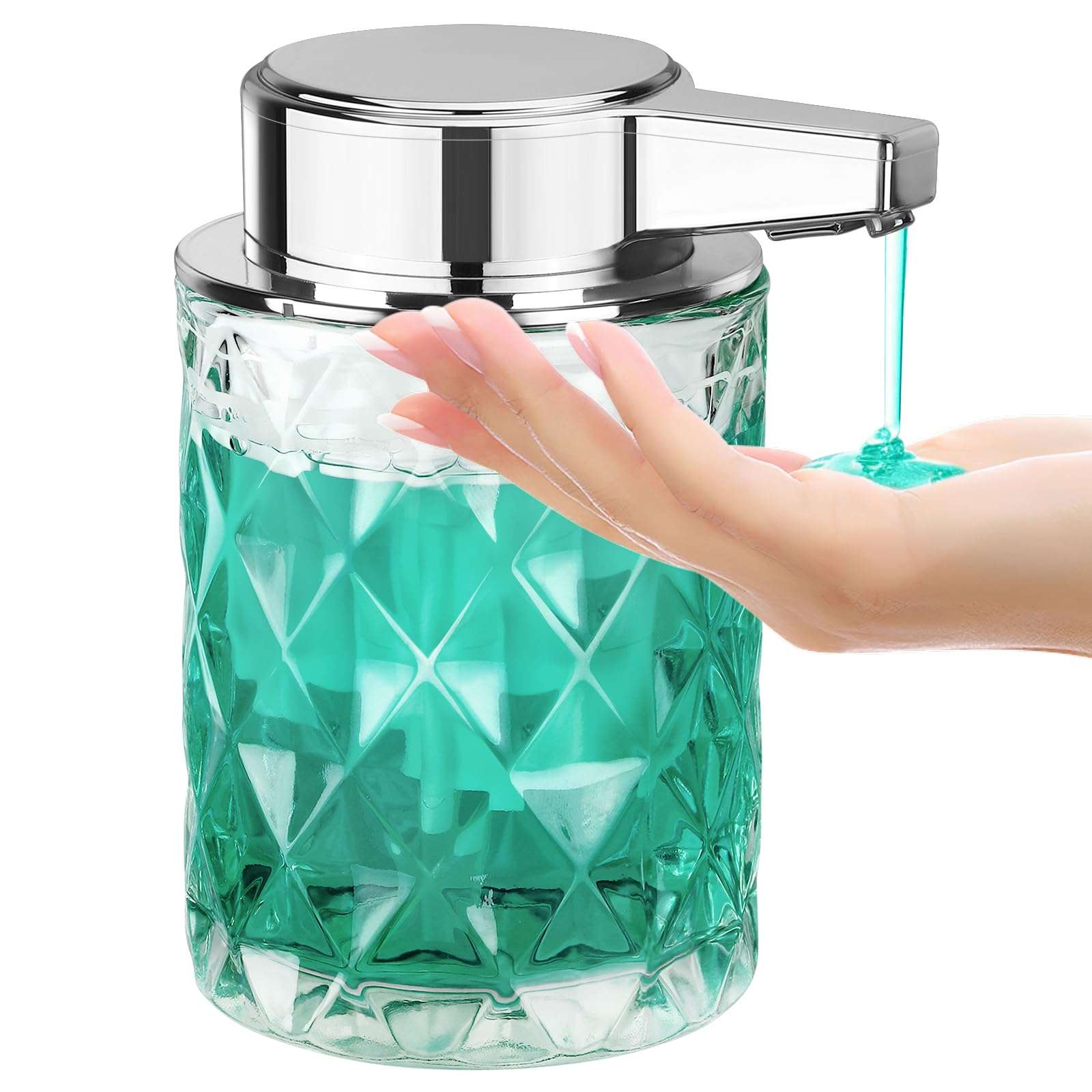 Automatic soap dispenser with infrared sensor and sleek glass design for kitchen use