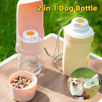 Portable 2 in 1 travel dog water bottle and food dispenser with leakproof design for outdoor pet hydration and feeding.
