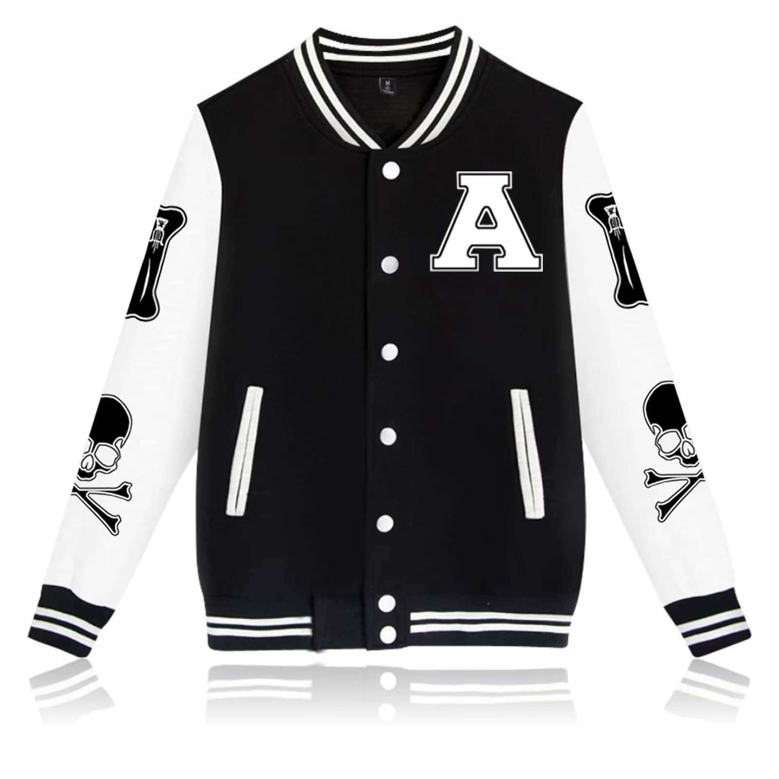 Mens slim varsity bomber jacket with button closure, stand-up collar, and slim fit design.