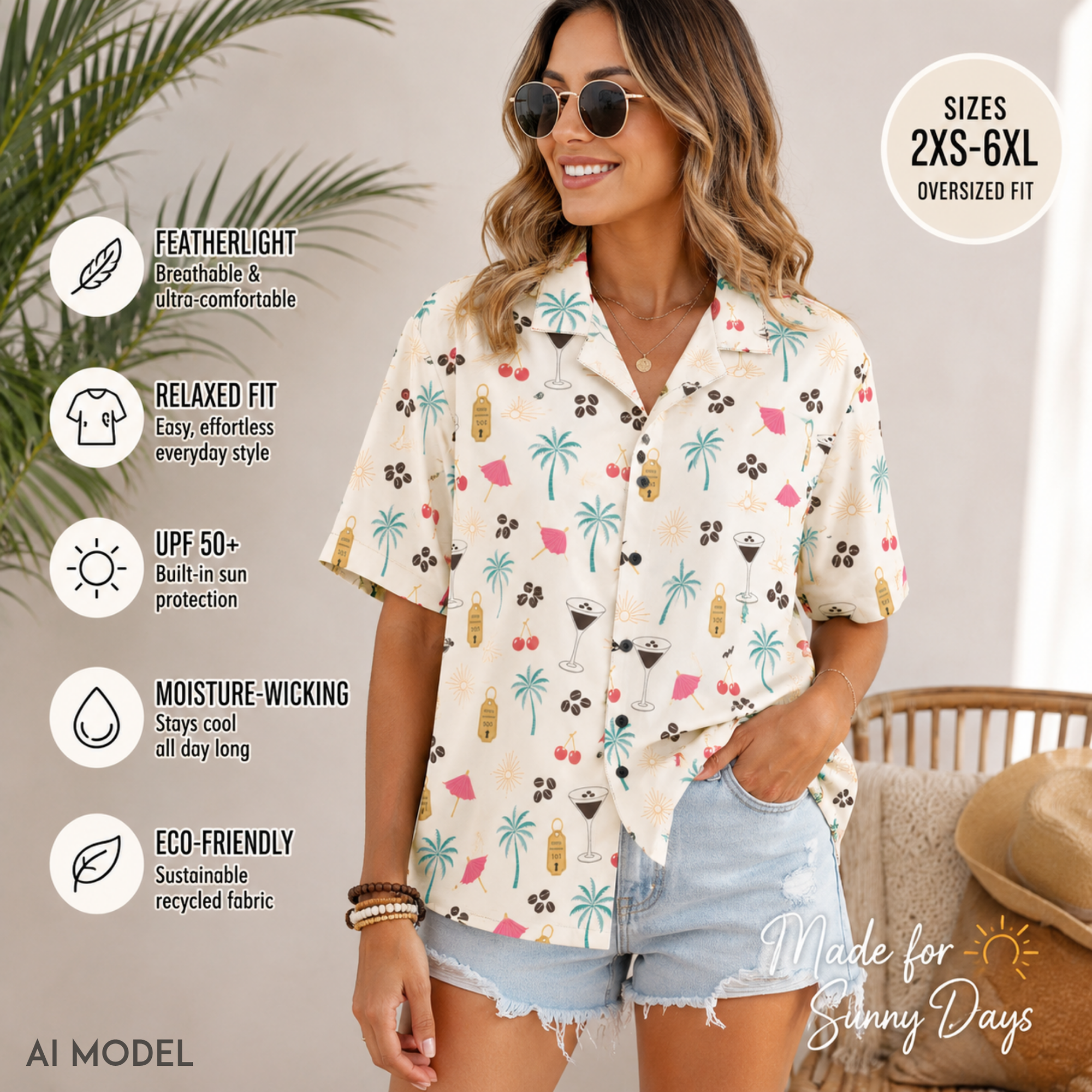 Unisex Espresso Martini Hawaiian Shirt with coffee bean and cocktail print on cream aloha button-up