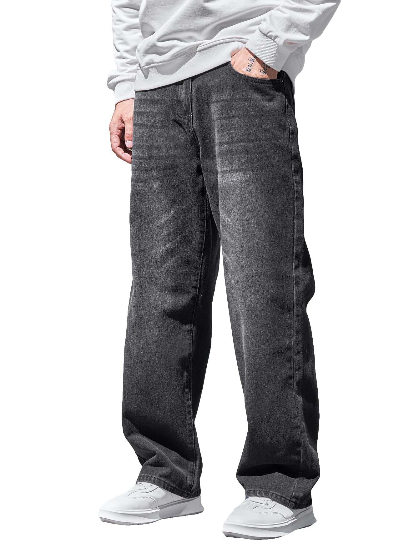 Mens high-waist baggy jeans in soft denim fabric for casual all-day comfort