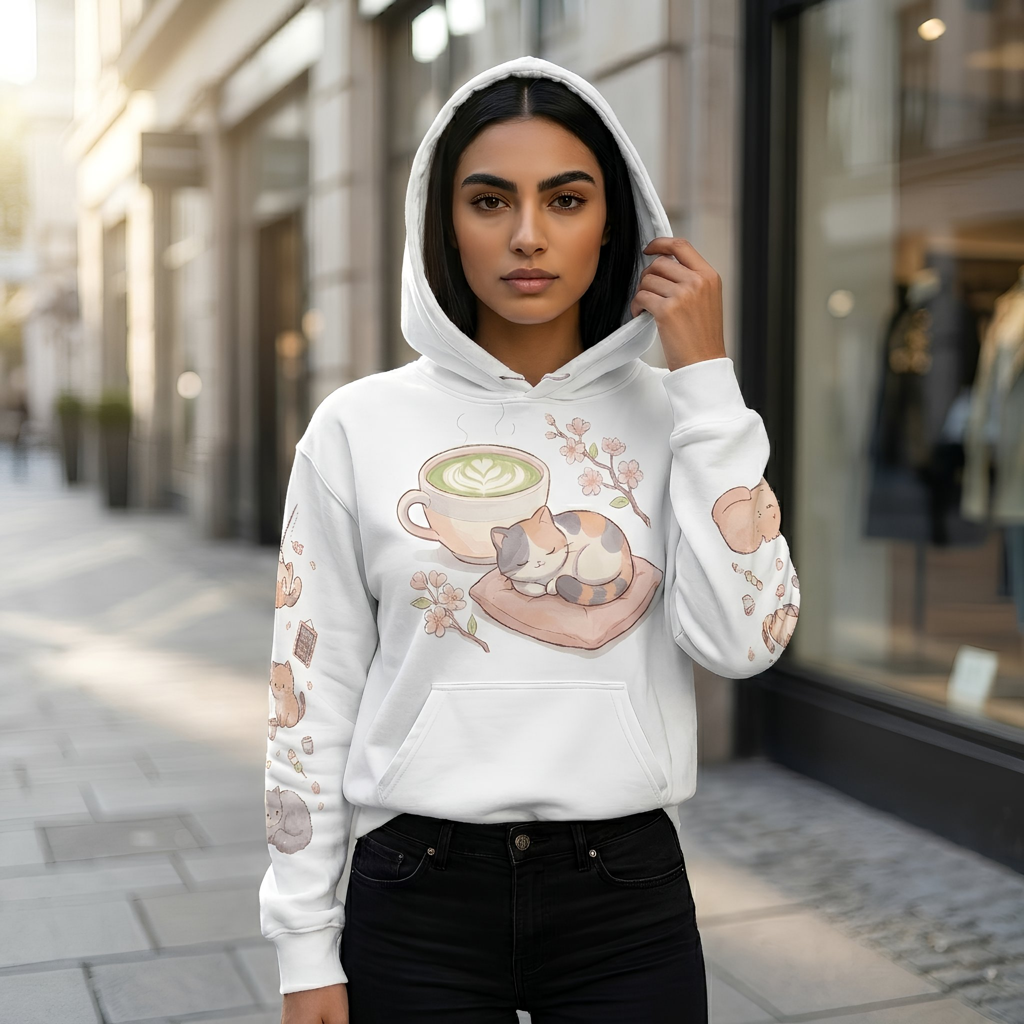 Unisex Anime Cat AOP Hoodie with all-over kawaii anime cat café print on soft cotton blend fabric