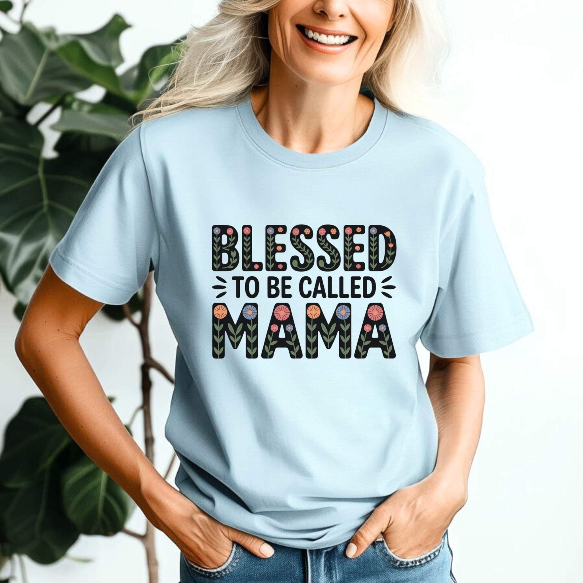Floral "Blessed To Be Called Mama" T-shirt with soft vintage wash and floral lettering celebrating motherhood