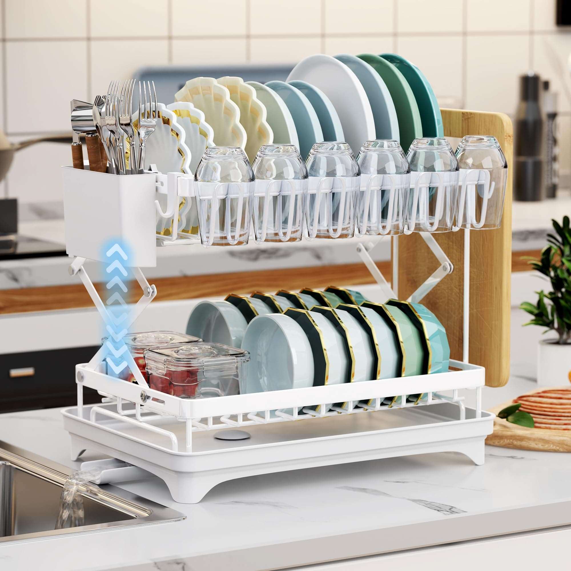 Adjustable 2 tier collapsible dish rack with drainage system and heavy-duty steel frame for kitchen organization