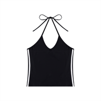Women’s slim-fit color block halter crop tank top with V-neck and backless tie in cotton-spandex blend