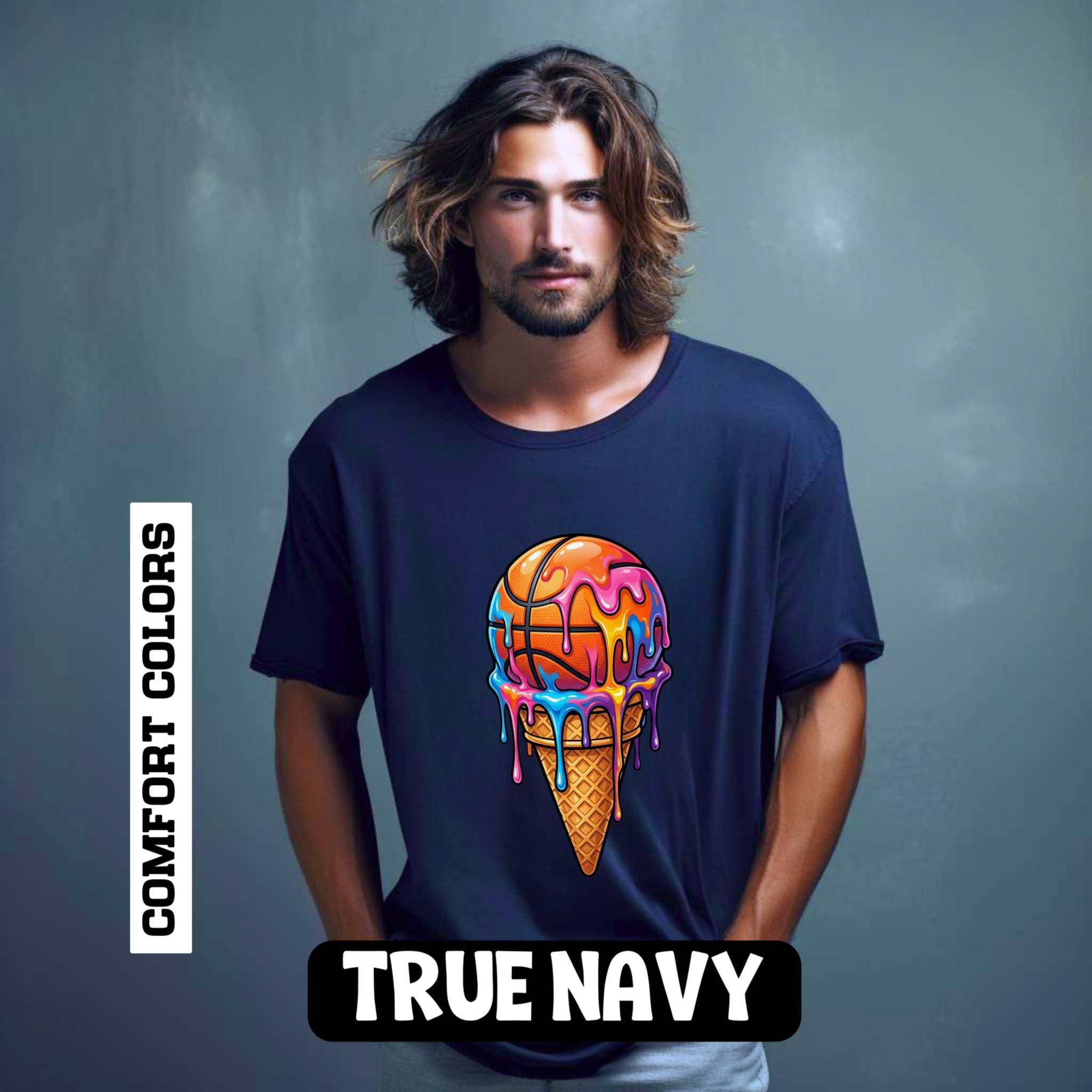 Colorful dripping ice cream cone graphic on relaxed-fit neon t-shirt