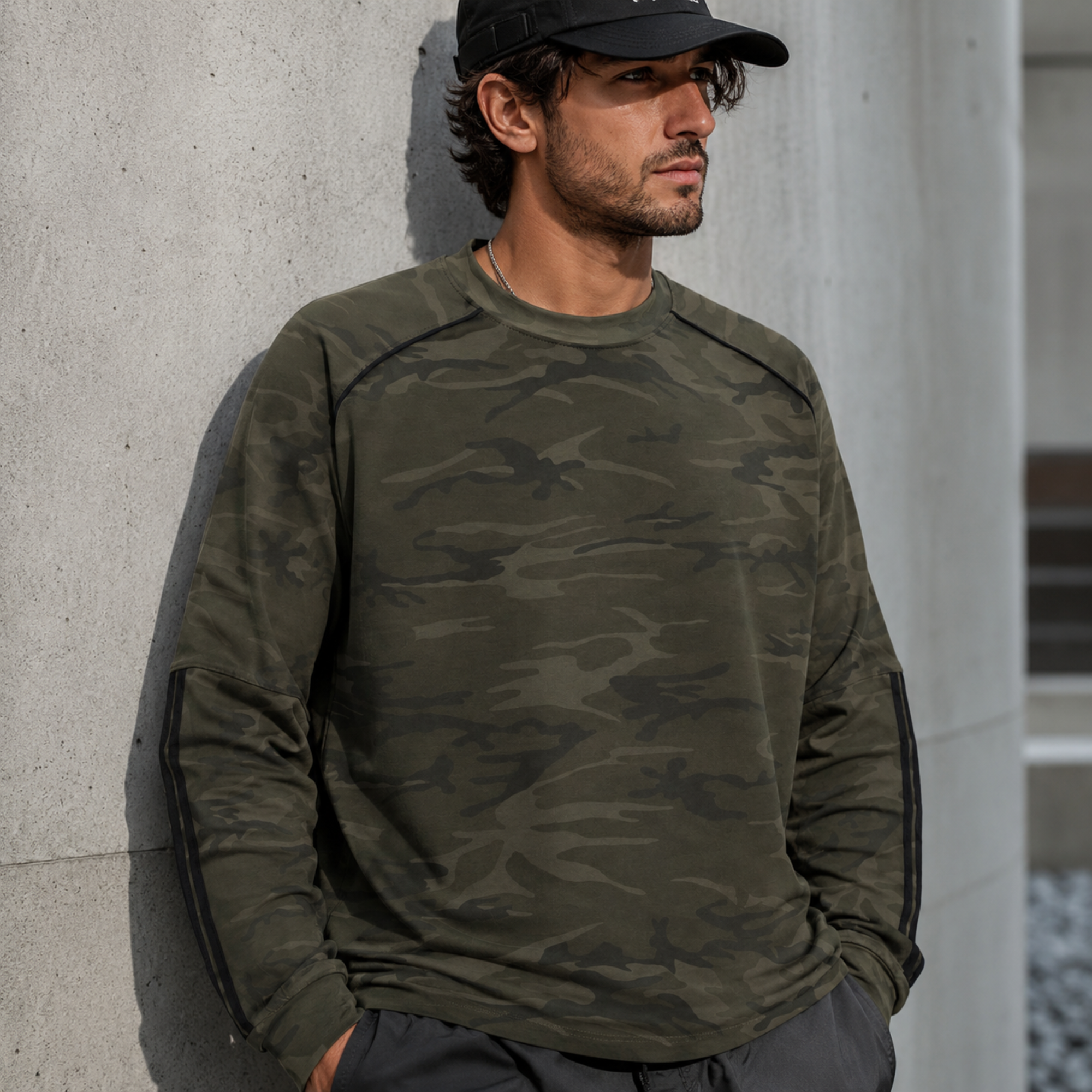 Unisex camo long sleeve T-shirt with raglan sleeves and relaxed fit in 100% cotton