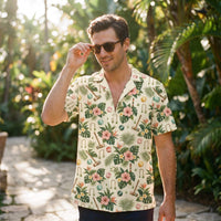 Cream Tropical Croquet Hawaiian shirt with hibiscus, palm leaves, and croquet mallet print, camp collar, and button-down design