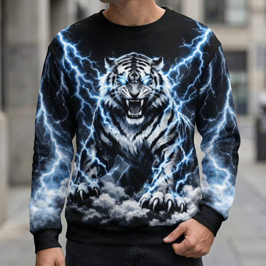 Electric Tiger Lightning sweatshirt with bold tiger and lightning graphic, gothic streetwear pullover in relaxed fit