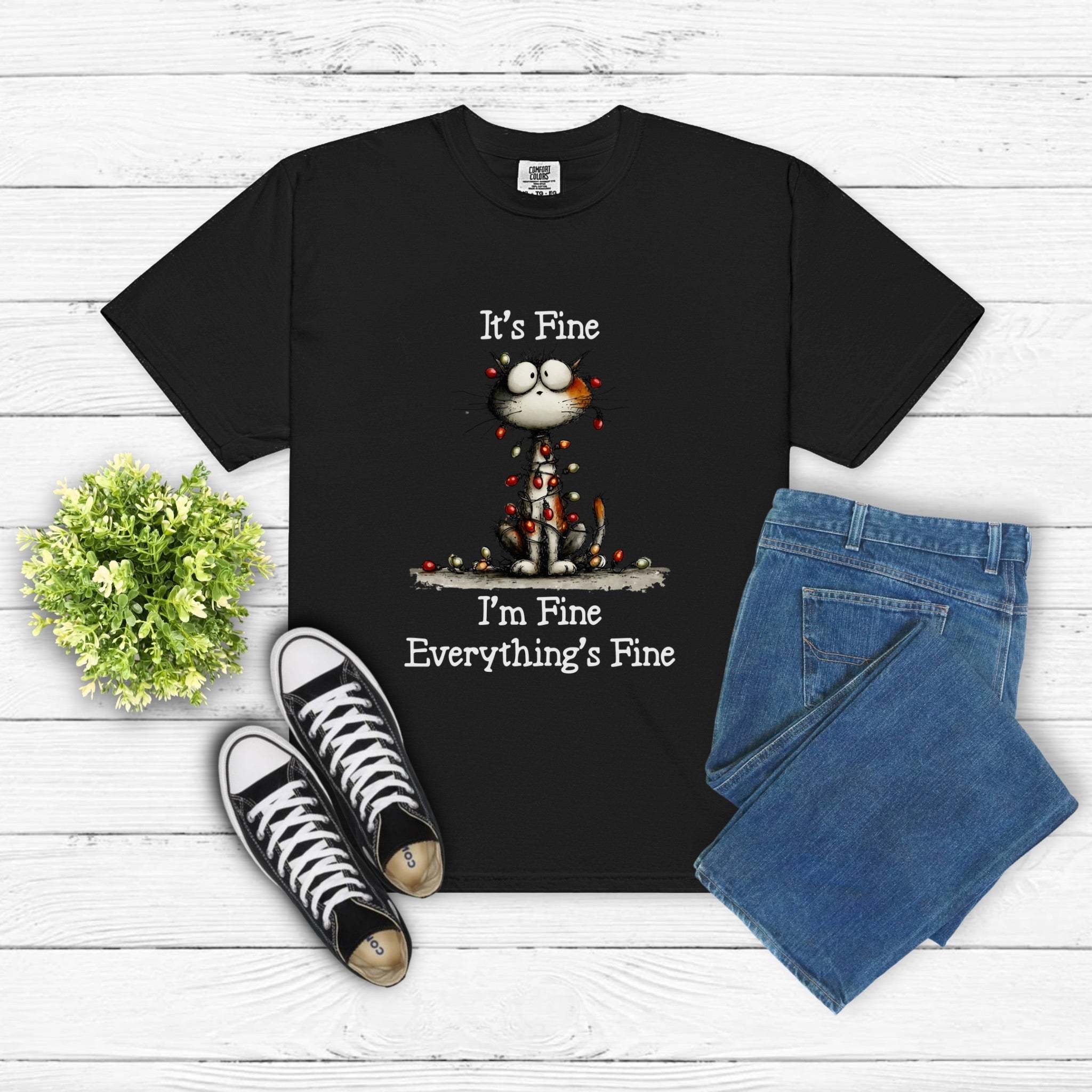 True Navy cat-themed t-shirt featuring the phrase "It’s Fine, I’m Fine, Everything’s Fine" by Printify.