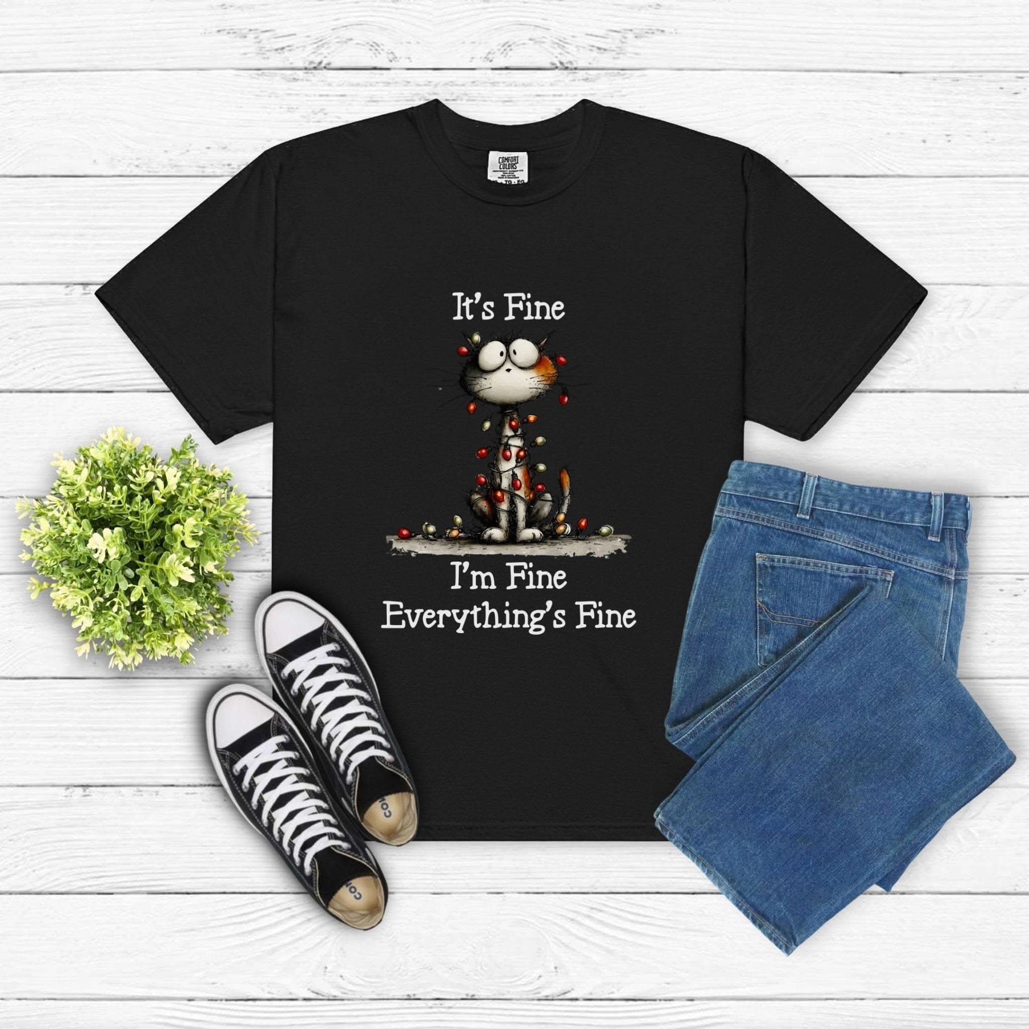 True Navy cat-themed t-shirt featuring the phrase "It’s Fine, I’m Fine, Everything’s Fine" by Printify.