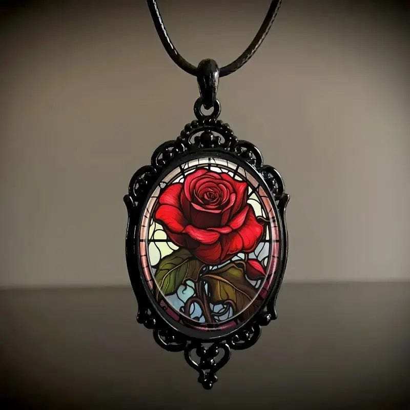 Gothic Oval Rose Necklace featuring a detailed sculpted rose in an ornate oval frame for a vintage gothic look