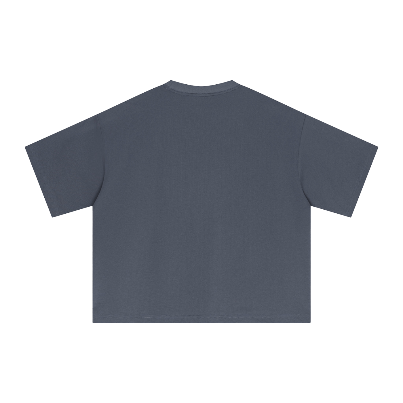 Back view of Essential Sorona Boxy T-Shirt in dark gray, unisex, short sleeve, cotton blend fabric.