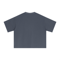 Back view of Essential Sorona Boxy T-Shirt in dark gray, unisex, short sleeve, cotton blend fabric.