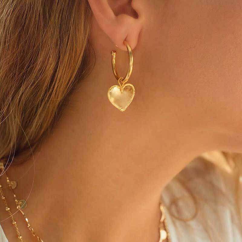 Gold heart drop earrings gold plated delicate romantic jewelry 2 inch length
