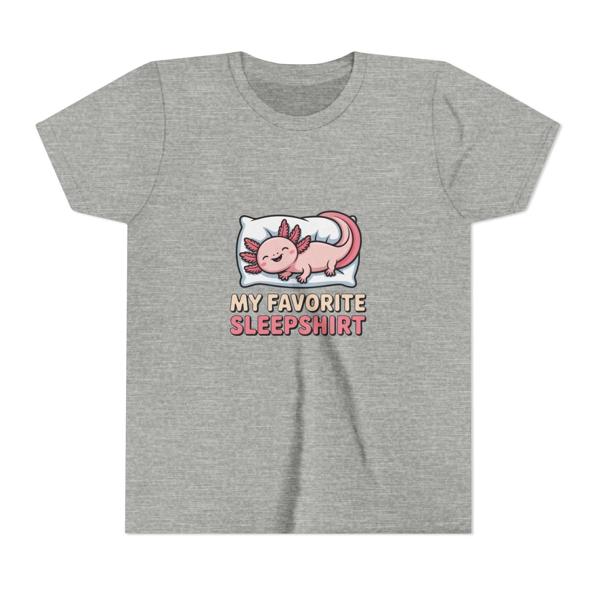 Gray youth t-shirt with a sleepy axolotl graphic and "My Favorite Sleepshirt" text, made of soft cotton for kids.