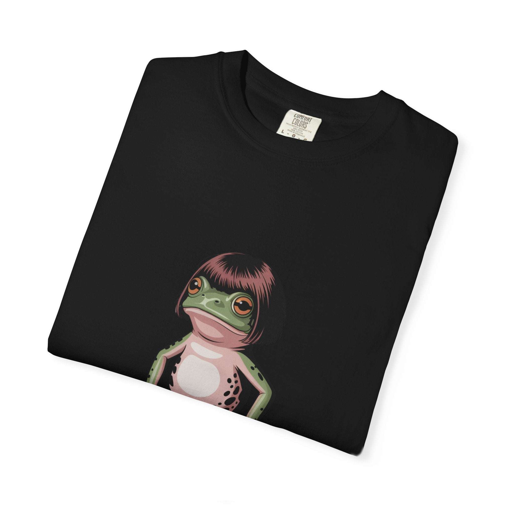 Frog with bob haircut meme printed on vintage-style garment-dyed t-shirt