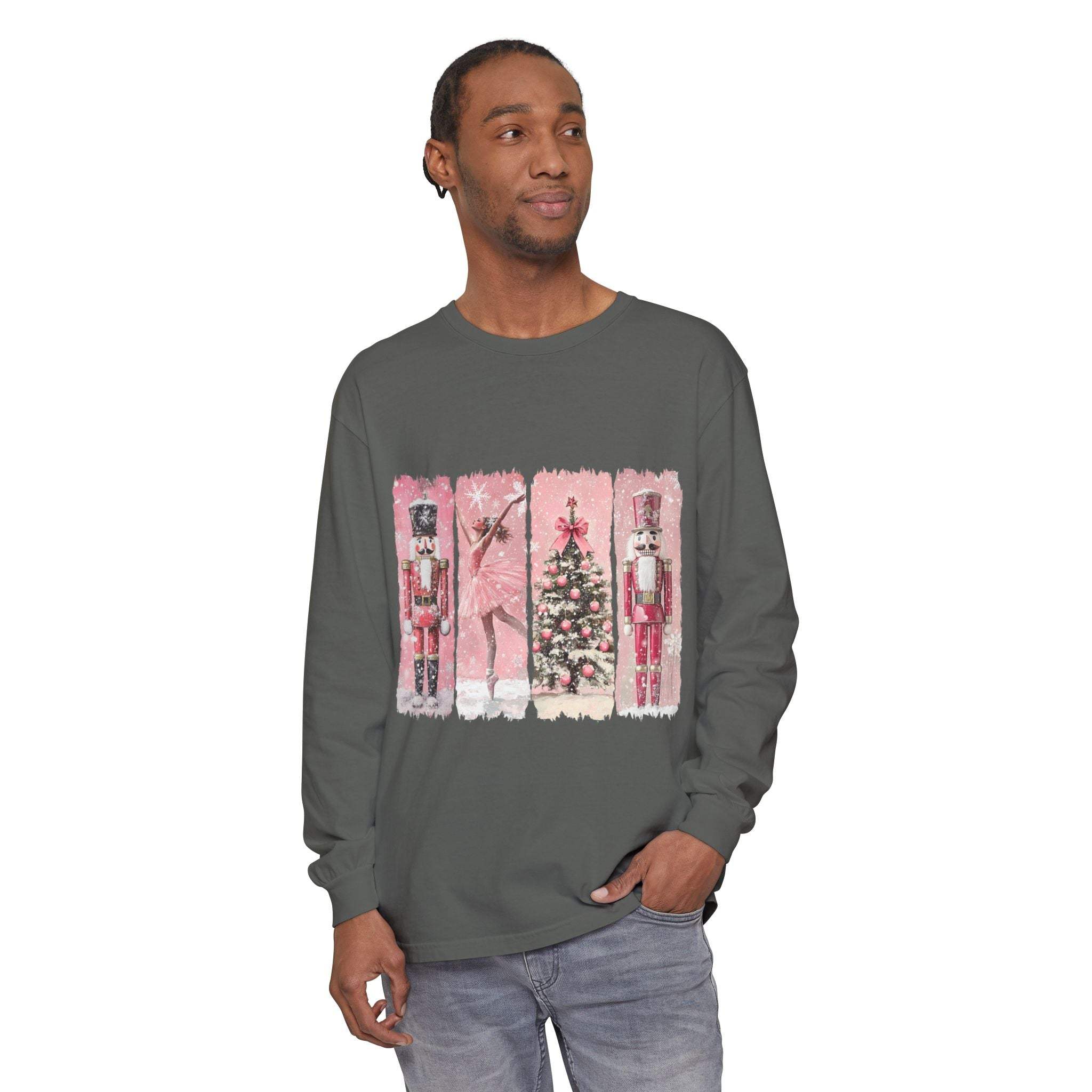 Men's long sleeve t-shirt with preppy pink watercolor Christmas Nutcracker print on charcoal gray fabric