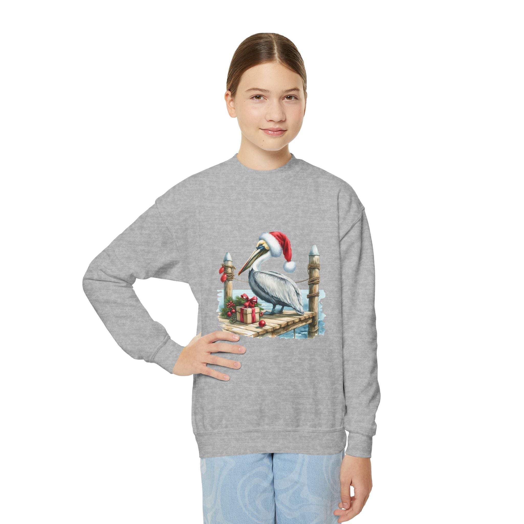 Youth crewneck sweatshirt with embroidered pelican wearing Santa hat on dock, festive holiday kids pullover