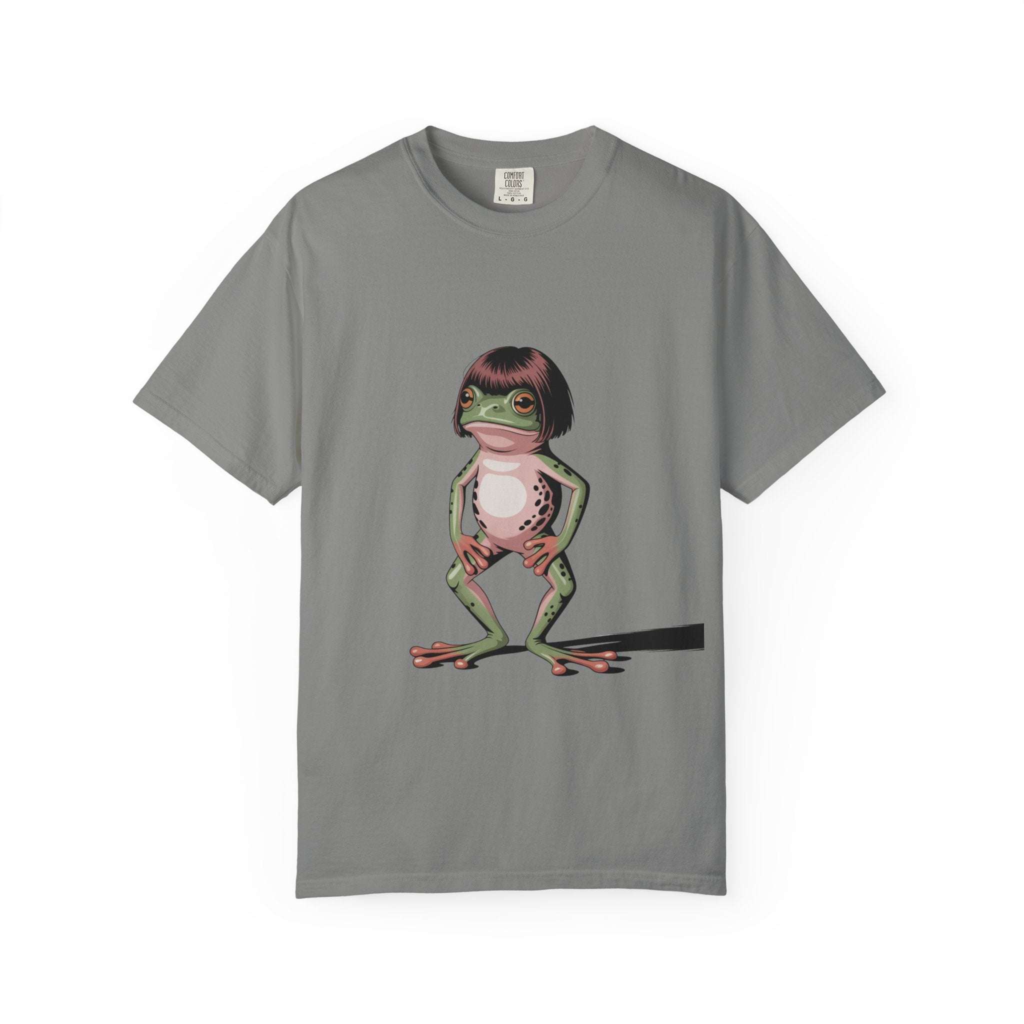 Gray t-shirt with frog wearing bob haircut meme illustration