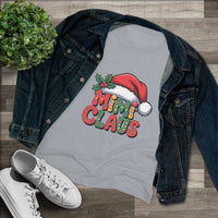 Women T-shirt with festive Mimi Claus design and Santa hat in soft triblend fabric for Christmas holiday