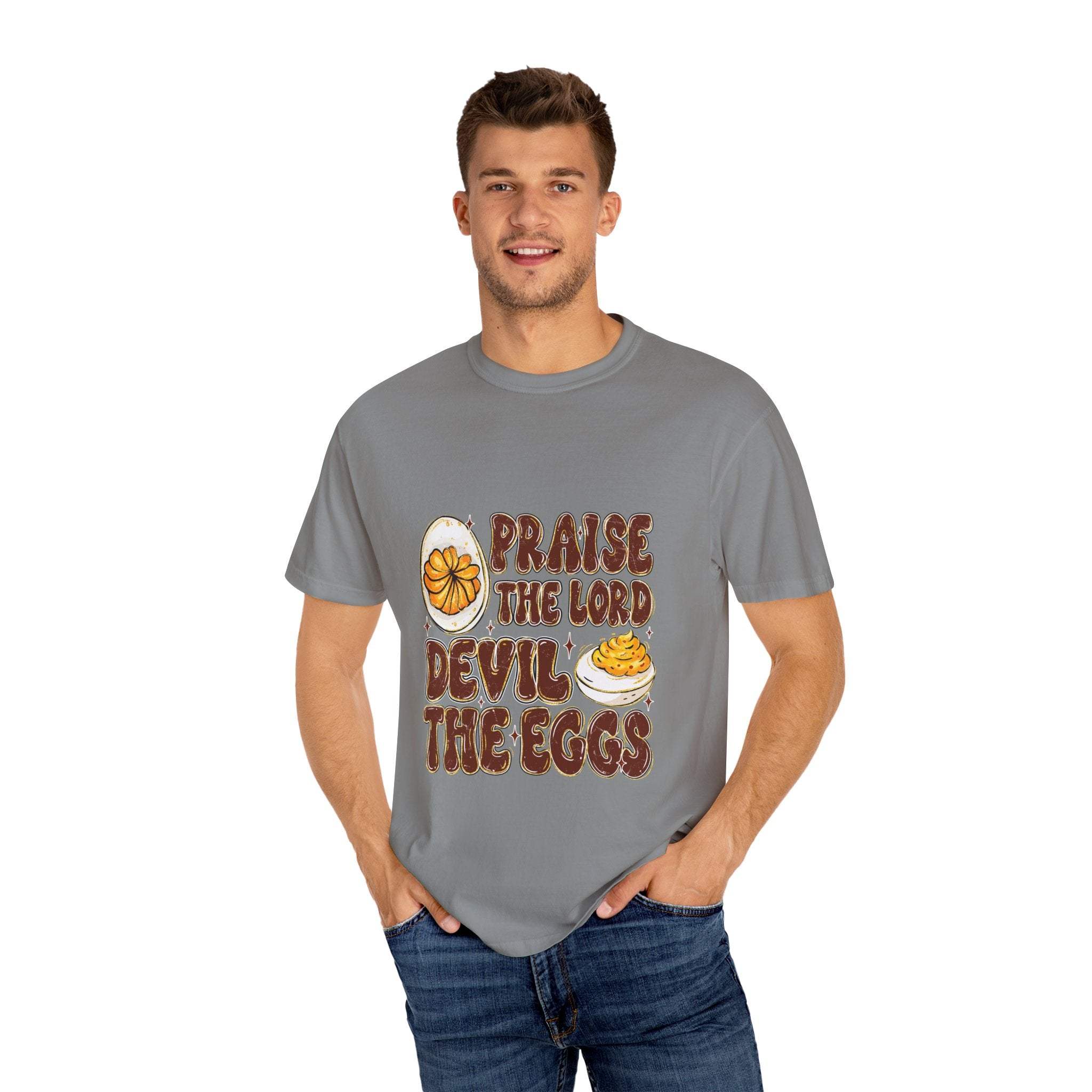 White cotton t-shirt featuring 'Praise the Lord, Devil the Eggs' design, perfect for Easter and Christian apparel.