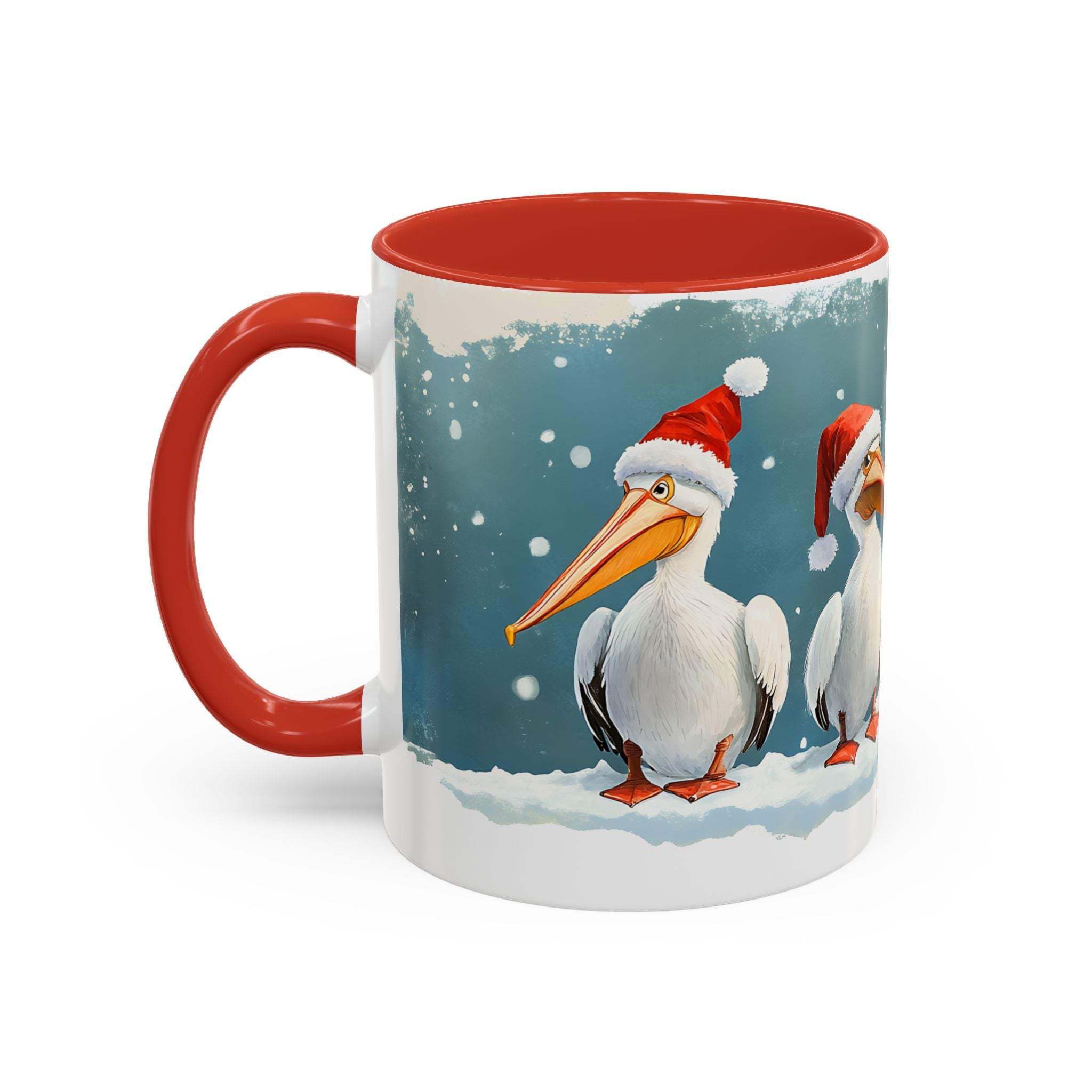 Mug with Christmas-themed design featuring pelicans and Santa hats on a snowy background.