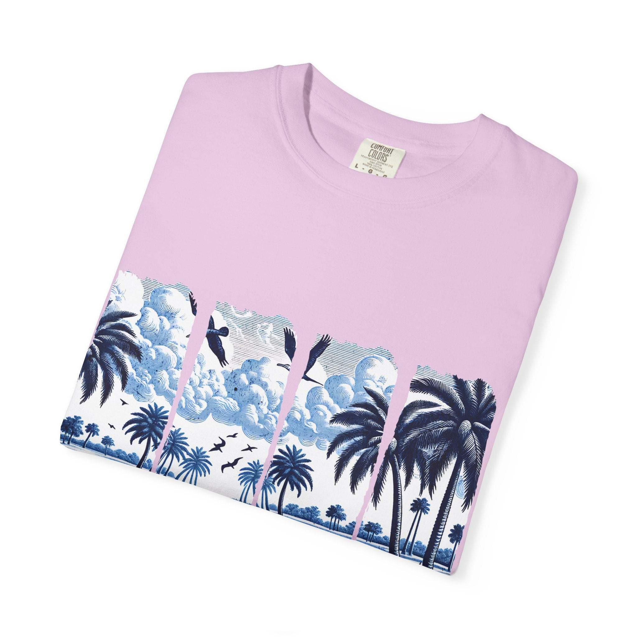 Blue Chinoise Brushstroke T-Shirt with soft blue chinoiserie brushstroke design on garment-dyed cotton fabric