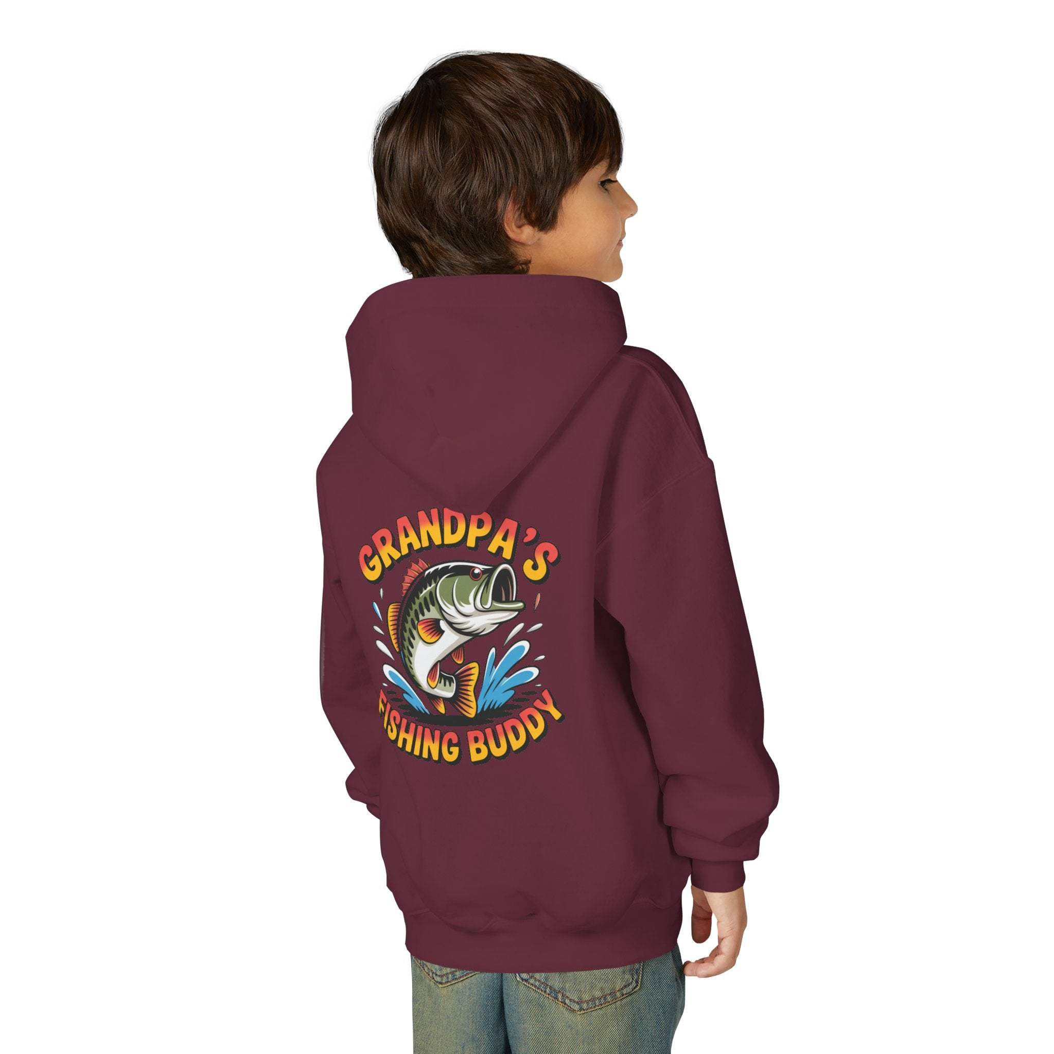 Youth hooded sweatshirt with embroidered fishing design, Grandpas Fishing Buddy Hoodie for kids