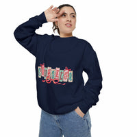 Garment-dyed True Navy sweatshirt with festive Christmas design, perfect for holiday gifting, by Printify